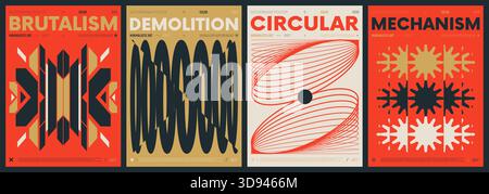 Modern abstract artwork collection, vector minimalistic posters with geometric shapes, brutalism style inspired graphic, bold Y2k futuristic aesthetic Stock Vector