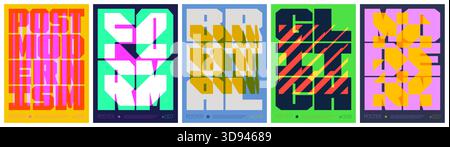 Lettering composition colorful trendy poster, abstract geometric acid graphic in Y2K aesthetics, vector simple shapes rave print artwork modernism and Stock Vector