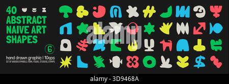 Collection of various hand drawn bizarre abstract geometric unusual shapes, forms in matisse art style, Childish freehand aesthetic, Vector naive dood Stock Vector