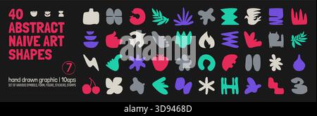 Collection of various hand drawn bizarre abstract geometric unusual shapes, forms in matisse art style, Childish freehand aesthetic, Vector naive dood Stock Vector