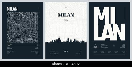 Set of travel posters with Milan, detailed urban street plan city map, Silhouette city skyline, vector artwork, set 2 Stock Vector