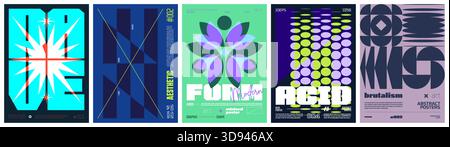 Set modernism art colorful trendy poster, artwork minimalistic and  brutalism style, abstract geometric A4 rave postmodern composition, vector simple Stock Vector