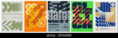 Set modern art colorful trendy poster, abstract geometric A4 composition graphic in Y2K aesthetics, vector simple shapes rave print artwork modernism Stock Vector