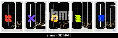 Posters with silhouette brutal shapes and black sport numbers, abstract geometric composition graphic in postmodern aesthetics, Vector retro futuristi Stock Vector