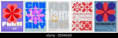 Set modernism art colorful trendy poster, artwork minimalistic and  brutalism style, abstract geometric A4 rave postmodern composition, vector simple Stock Vector