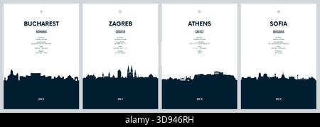 Travel vector set with city skylines Bucharest, Zagreb, Athens, Sofia detailed city skylines minimalistic graphic artwork Stock Vector