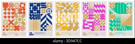 Y2K shape abstract geometric composition in brutalism style, vector minimalistic Posters with silhouette basic figures, Retro futuristic graphic eleme Stock Vector