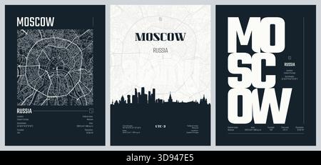 Set of travel posters with Moscow, detailed urban street plan city map, Silhouette city skyline, vector artwork, set 2 Stock Vector