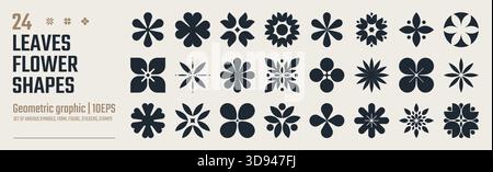 Set of trendy flower silhouette, floral symmetrical tattoo shape vector, plant symbols in Y2K aesthetics, Collection of various form, stickers assets, Stock Vector