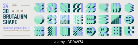 3d Color postmodern abstract geometric graphic elements, Brutalist vector shapes, Refraction and distortion glass effect various form, isometric trend Stock Vector