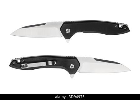 A modern folding pocket knife displayed in four stages: open with both sides, and closed with both sides. Stock Photo