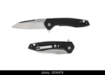 A modern folding pocket knife displayed open and closed, featuring a black handle and a silver blade. Stock Photo