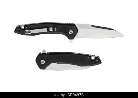 A modern folding pocket knife displayed open and closed, featuring a black handle and a silver blade. Stock Photo