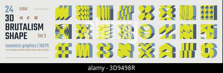 3d Color postmodern abstract geometric graphic elements, Brutalist vector shapes, Refraction and distortion glass effect various form, isometric trend Stock Vector