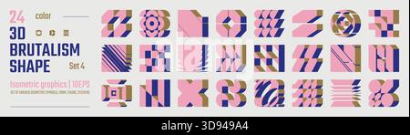 3d Color postmodern abstract geometric graphic elements, Brutalist vector shapes, Refraction and distortion glass effect various form, isometric trend Stock Vector