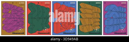 Abstract geometric postmodern composition with isometric 3D cube shape in brutalism aesthetics, Contemporary art bold minimalistic set poster, vector Stock Vector