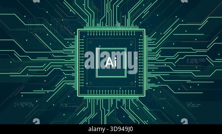 AI microchip with glowing circuitry high tech 3D realistic vector technology background, Concept of AI, data processing, data flow, neural network and Stock Vector