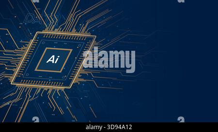 AI digital quantum chip with glowing circuitry high tech in perspective, Artificial Intelligence and Machine Learning technology background, neural ne Stock Vector