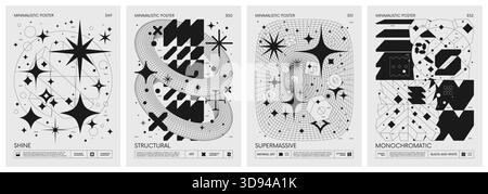 Brutalism style vector minimalistic Posters with silhouette postmodern figures, Futuristic abstract graphic wireframe elements of geometric shapes rav Stock Vector