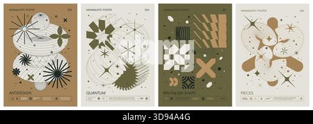 Brutalist style vector minimalistic Posters with silhouette basic figures, Retro futuristic graphic elements of geometric shapes rave composition, Mod Stock Vector