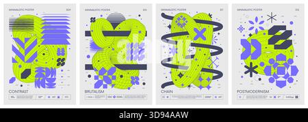 Brutalist style vector minimalistic Posters with silhouette basic figures, Retro futuristic graphic elements of geometric shapes rave composition, Mod Stock Vector