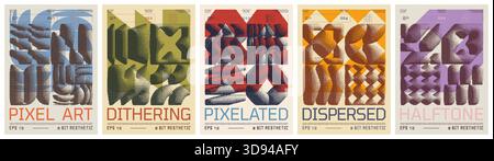 Composition of pixel gradation elements, abstract ornament with dithering form in retro 8-bit aesthetics, 3d bitmap geometric shape pattern, vector ha Stock Vector