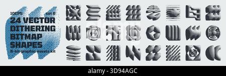 Dithering bitmap high-quality shapes, abstract geometric graphic assets kit inspiration by retro 8-bit aesthetic, Y2K bold vector pixelated collection Stock Vector