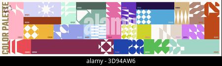 Color palette set, trendy different combined colors with HEX codes, vector banner with colorful ornament of abstract geometric shapes in brutalism sty Stock Vector