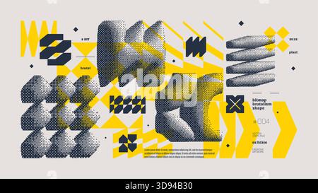 Dithering bitmap abstract vector color background with Postmodern geometric graphic brutalism shapes, Y2K bold vector pixelated modernism artwork bann Stock Vector