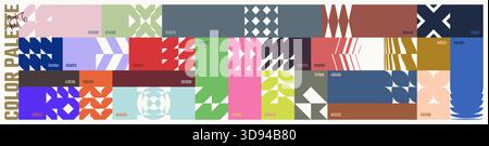 Colour palette set, trendy different combined colors with codes, vector banner with colorful ornament of abstract geometric shapes in brutalism style, Stock Vector