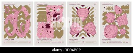 Futuristic abstract graphic wireframe elements of geometric shapes rave composition, Brutalism style vector minimalistic Posters with silhouette postm Stock Vector