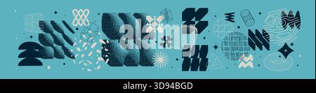Collection of Universal trendy geometric bright bold shapes, minimalistic bizarre and brutalism abstract elements, Vector y2k aesthetic graphic assets Stock Vector