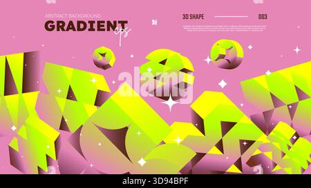 Realistic 3D vector shapes with gradient colors, flying abstract postmodern geometric volumetric different shapes in motion, pink background, Gradient Stock Vector
