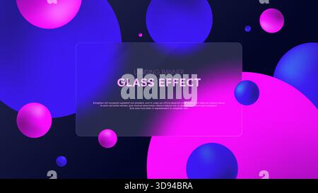 Floating abstract blue and pink spheres and Rectangular transparent banner frame with a blurred effect in glass morphism style, Vector render of cloud Stock Vector