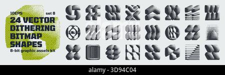 Dithering bitmap high-quality shapes, abstract geometric graphic assets kit inspiration by retro 8-bit aesthetic, Y2K bold vector pixelated collection Stock Vector