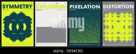 Modern abstract artwork collection, vector minimalistic posters with geometric shapes, brutalism style inspired graphic, bold Y2k futuristic aesthetic Stock Vector