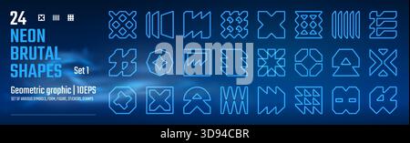 Kit of led electric laser blue neon lighting figure, Glowing fluorescent postmodern geometric graphic shapes, abstract elements in brutalism aesthetic Stock Vector