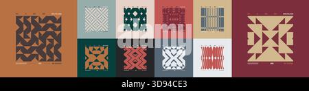 Kit of Postmodern geometric compositions with abstract shapes in brutalism aesthetics, mosaic of brutal figures, trendy color retro futuristic element Stock Vector