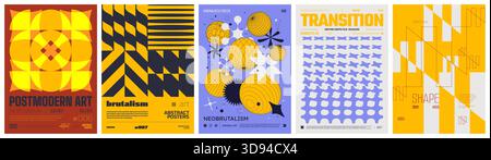 Set modernism art colorful trendy posters, artwork in minimalism and brutalism style, abstract geometric A4 rave postmodern composition, vector simple Stock Vector