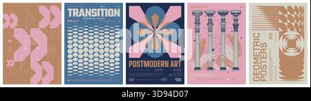 Set modernism art colorful trendy posters, artwork in minimalism and brutalism style, abstract geometric A4 rave postmodern composition, vector simple Stock Vector