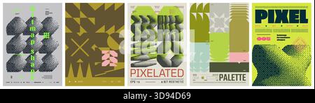 Set modern art colorful trendy poster, abstract geometric A4 composition graphic in Y2K aesthetics, vector simple shapes rave print artwork modernism Stock Vector