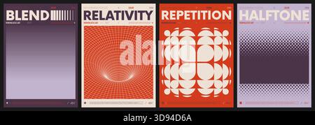 Modern abstract artwork collection, vector minimalistic posters with geometric shapes, brutalism style inspired graphic, bold Y2k futuristic aesthetic Stock Vector