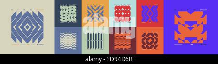 Kit of Postmodern geometric compositions with abstract shapes in brutalism aesthetics, mosaic of brutal figures, trendy color retro futuristic element Stock Vector