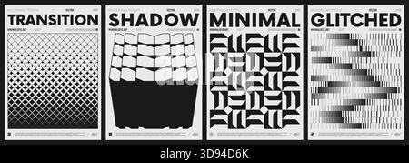 Modern abstract poster collection, vector minimalist posters with geometric shapes in black and white, brutalist style inspired graphics, bold aesthet Stock Vector