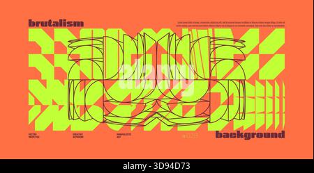 Symmetrical trendy coral color modernism artwork banner in brutalism aesthetics, Abstract vector geometric background, tech shapes and lines compositi Stock Vector