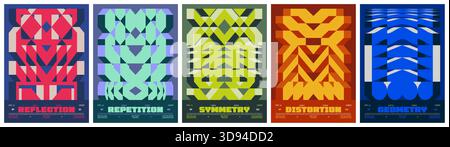 Postmodern symmetry abstract 3d geometric ornament in brutalism aesthetics, Colorful vector trendy modern isometric mosaic pattern, A4 bold minimalist Stock Vector