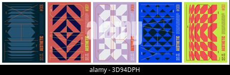 Tech brutalism colorful trendy poster, abstract geometric composition graphic in Y2K aesthetics, vector simple shapes cyberpunk print artwork modernis Stock Vector