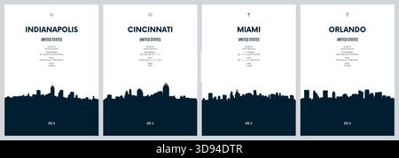 Travel vector set with city skylines Indianapolis, Cincinnati, Miami, Orlando detailed city skylines minimalistic graphic artwork Stock Vector