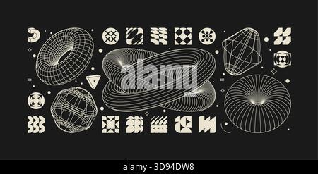 Vector graphic assets kit acid style, Postmodern abstract geometric shapes with wireframe elements of different forms, Y2K trendy design in brutalism Stock Vector
