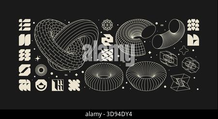 Vector graphic assets kit acid style, Postmodern abstract geometric shapes with wireframe elements of different forms, Y2K trendy design in brutalism Stock Vector